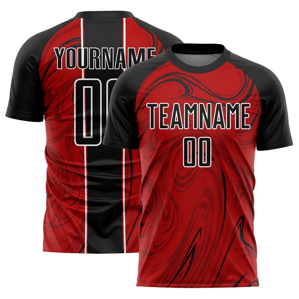 Red Black White Abstract Fluid Sublimation Soccer Uniform Jersey, Custom Team Soccer Jersey Shirt