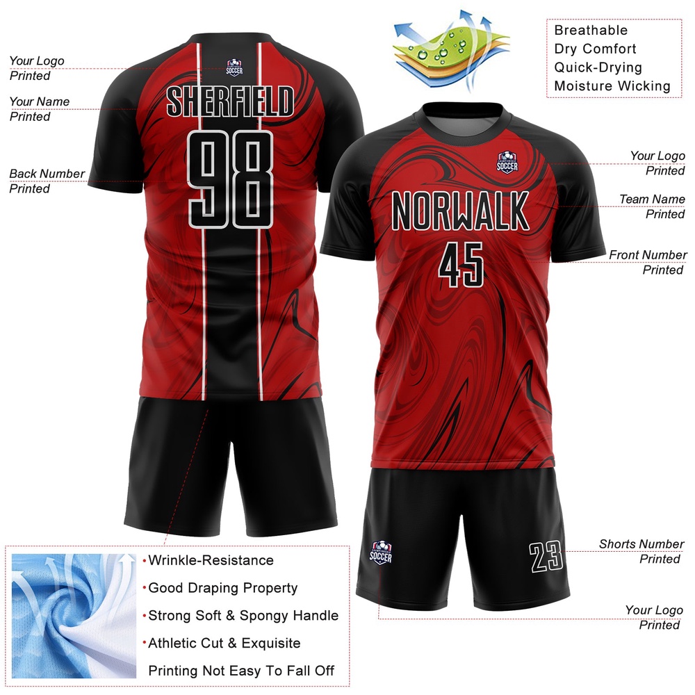 Red Black White Abstract Fluid Sublimation Soccer Uniform Jersey, Custom Team Soccer Jersey Shirt