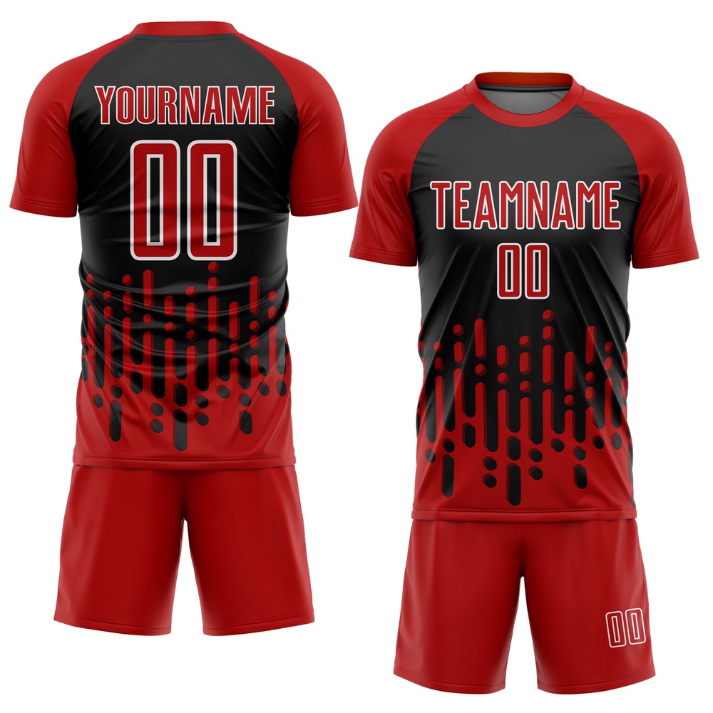 Red Black White Abstract Fluid Wave Sublimation Soccer Uniform Jersey, Custom Team Soccer Jersey Shirt