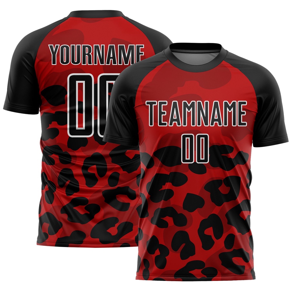 Red Black White Animal Print Sublimation Soccer Uniform Jersey, Custom Team Soccer Jersey Shirt