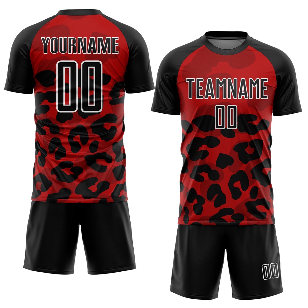 Red Black White Animal Print Sublimation Soccer Uniform Jersey, Custom Team Soccer Jersey Shirt