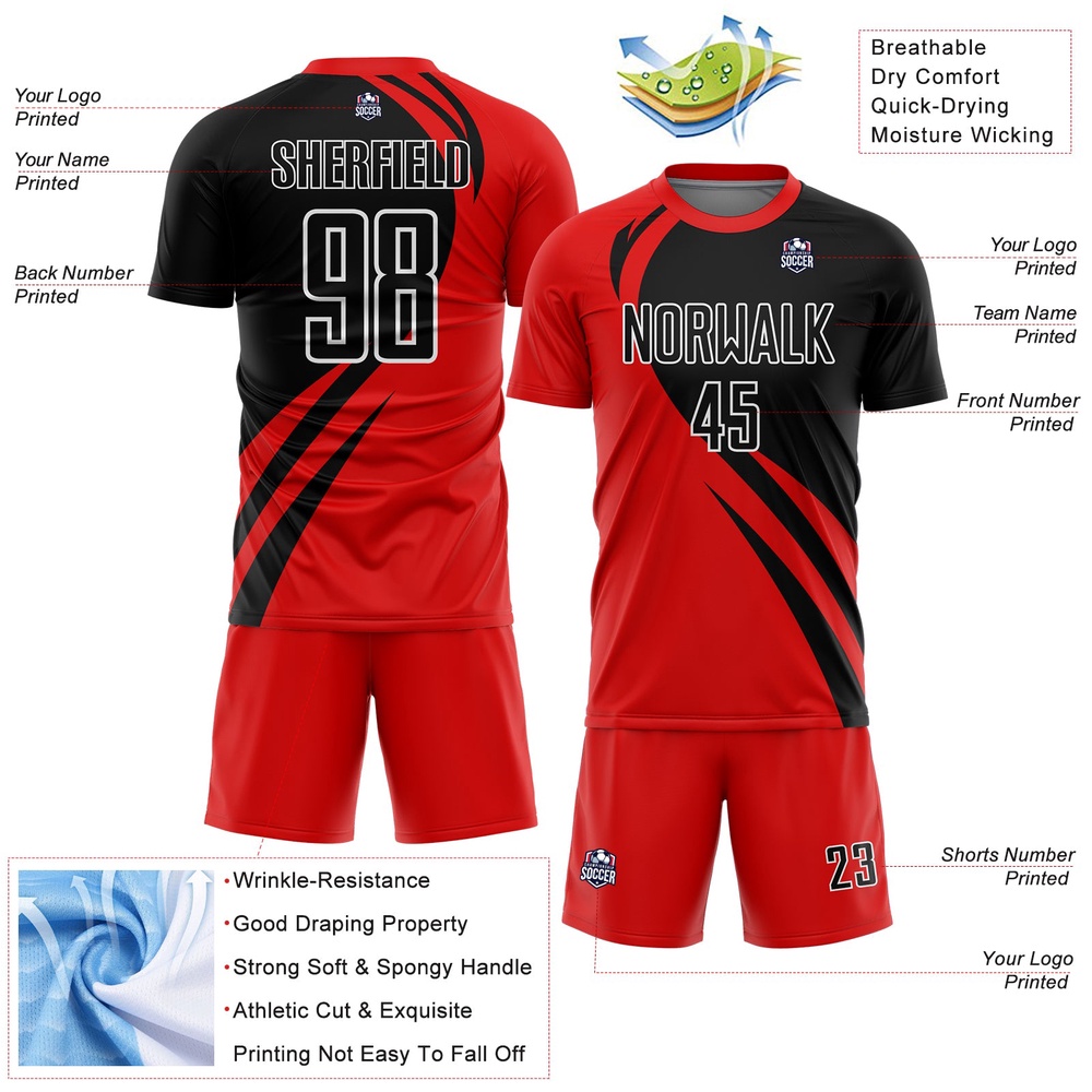 Red Black White Curve Lines Sublimation Soccer Uniform Jersey, Custom Team Soccer Jersey Shirt