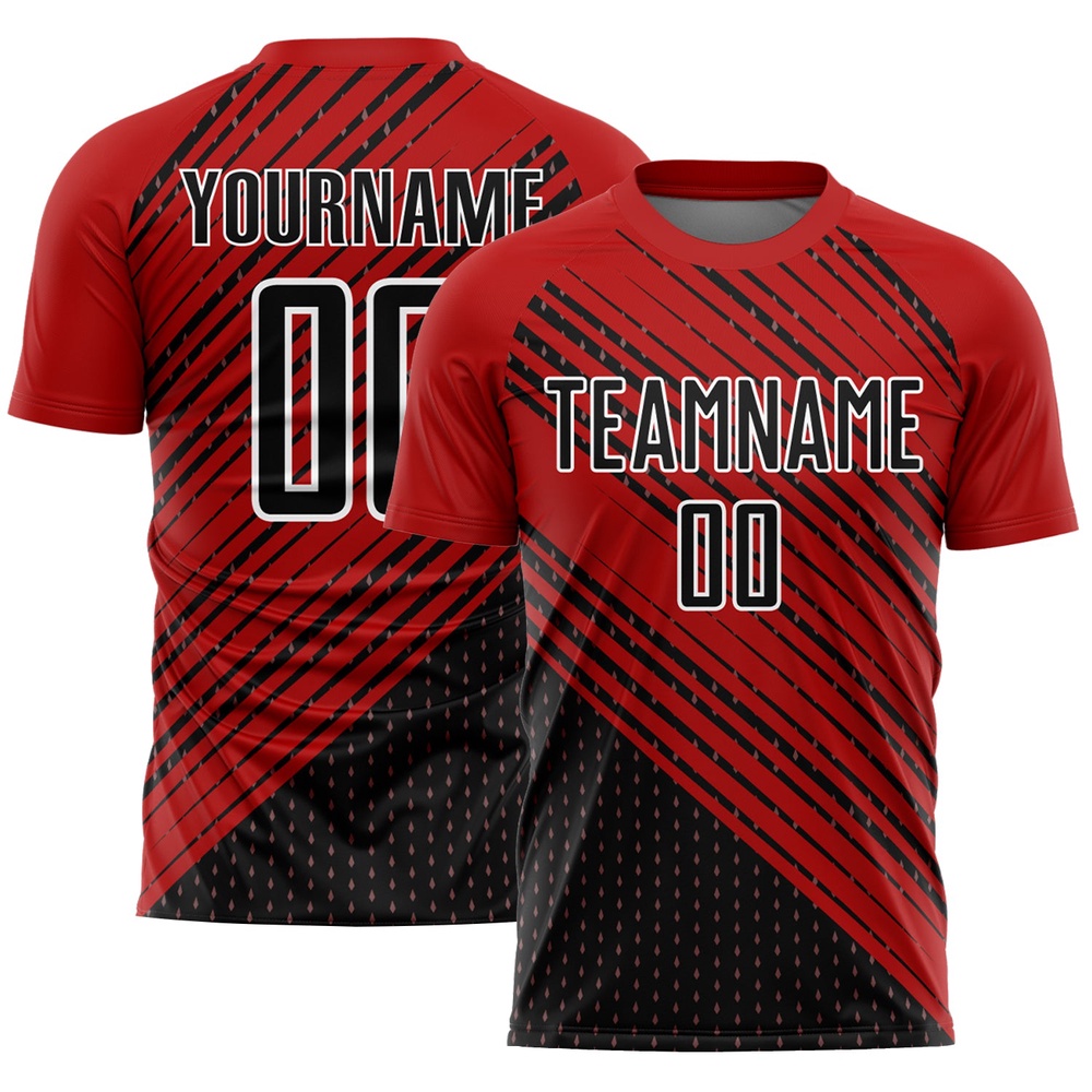 Red Black White Diagonal Lines Sublimation Soccer Uniform Jersey, Custom Team Soccer Jersey Shirt