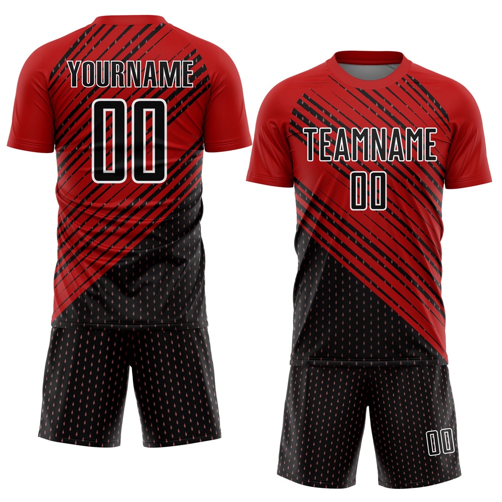 Red Black White Diagonal Lines Sublimation Soccer Uniform Jersey, Custom Team Soccer Jersey Shirt
