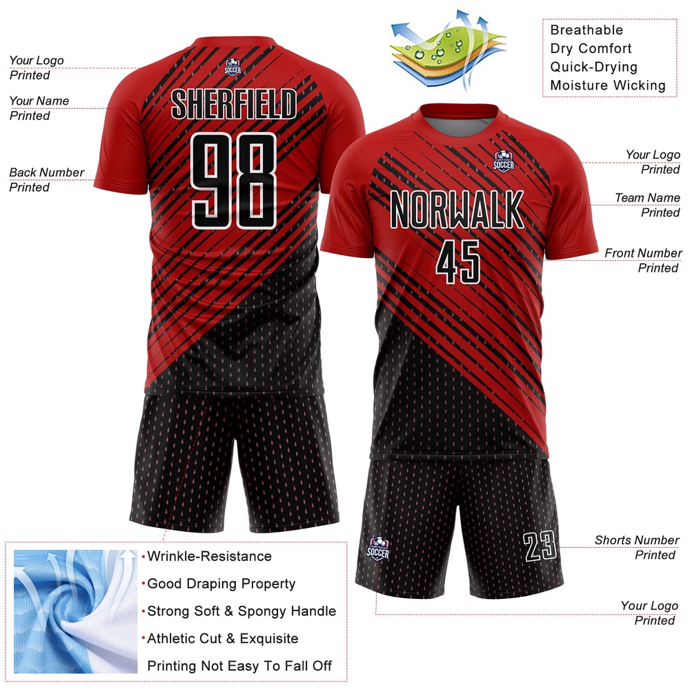 Red Black White Diagonal Lines Sublimation Soccer Uniform Jersey, Custom Team Soccer Jersey Shirt