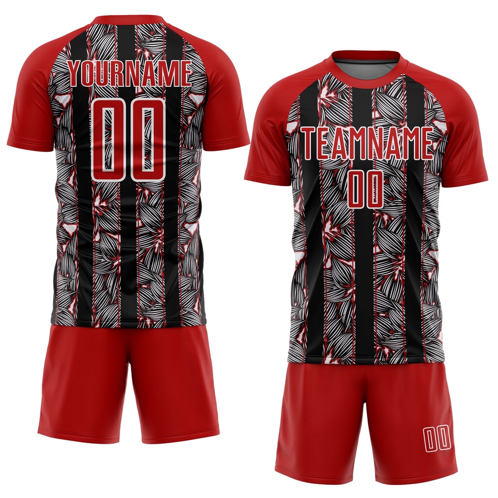 Red Black White Flowers Sublimation Soccer Uniform Jersey, Custom Team Soccer Jersey Shirt