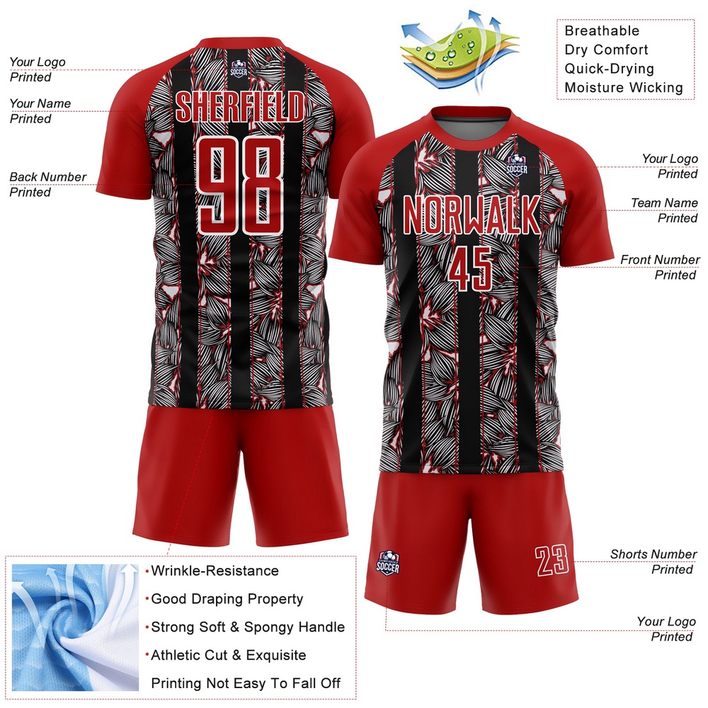 Red Black White Flowers Sublimation Soccer Uniform Jersey, Custom Team Soccer Jersey Shirt