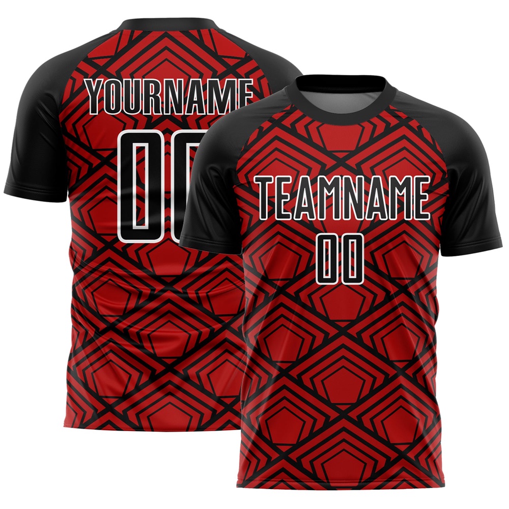 Red Black White Geometric Pattern Sublimation Soccer Uniform Jersey, Custom Team Soccer Jersey Shirt