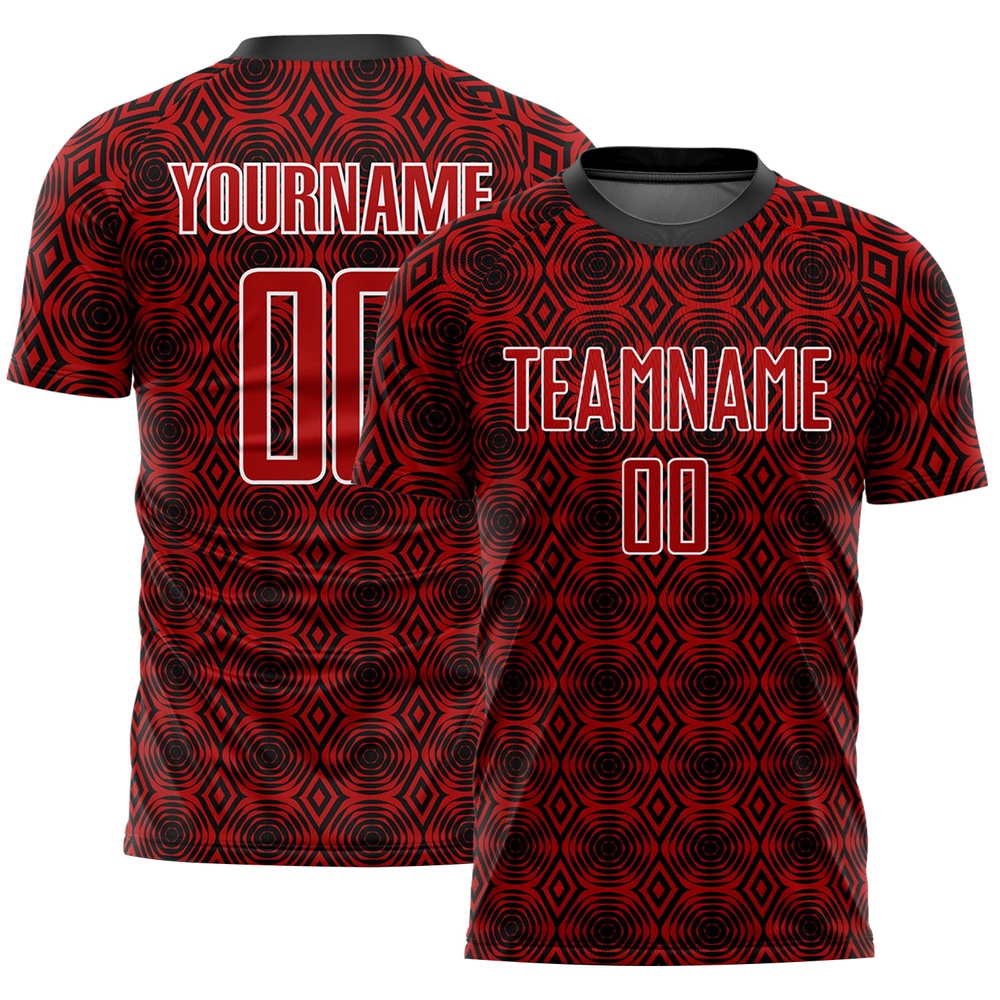Red Black White Geometric Shapes Sublimation Soccer Uniform Jersey, Custom Team Soccer Jersey Shirt
