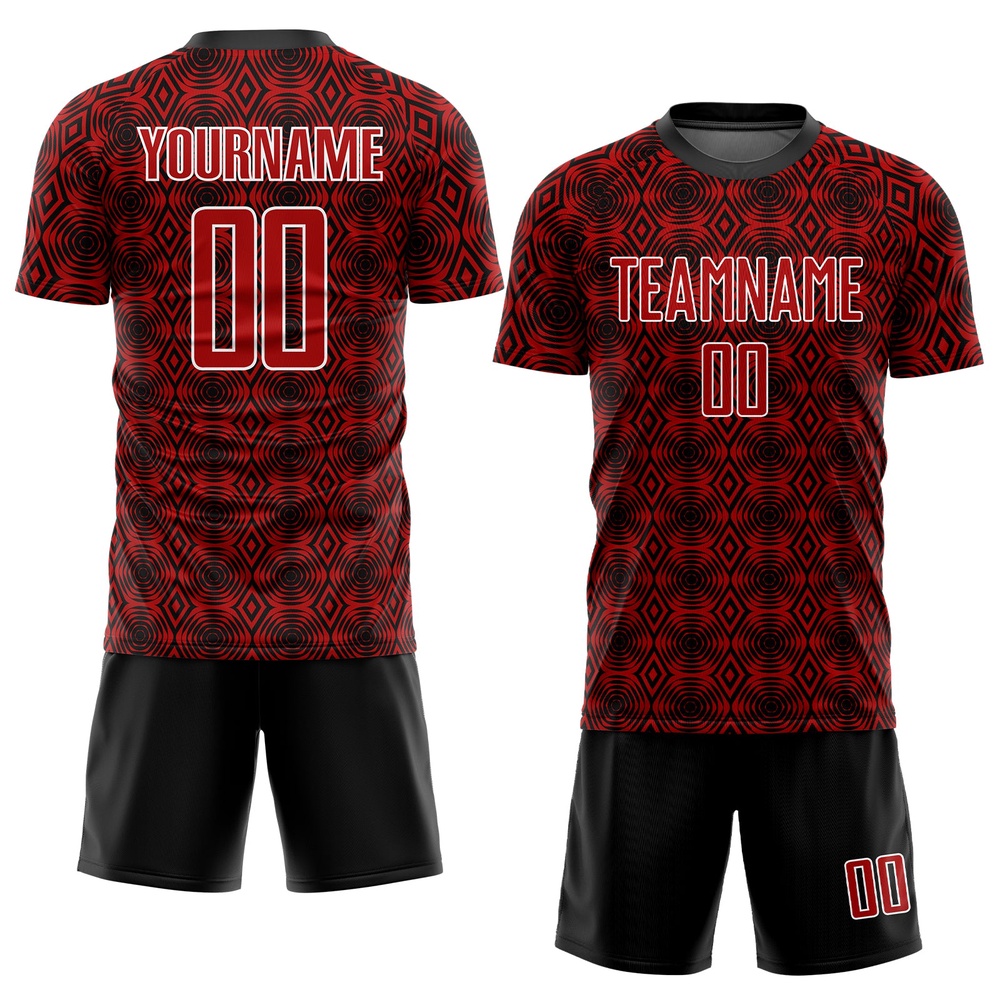 Red Black White Geometric Shapes Sublimation Soccer Uniform Jersey, Custom Team Soccer Jersey Shirt