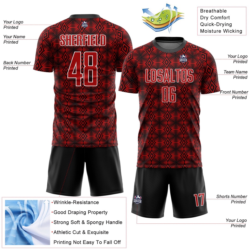 Red Black White Geometric Shapes Sublimation Soccer Uniform Jersey, Custom Team Soccer Jersey Shirt