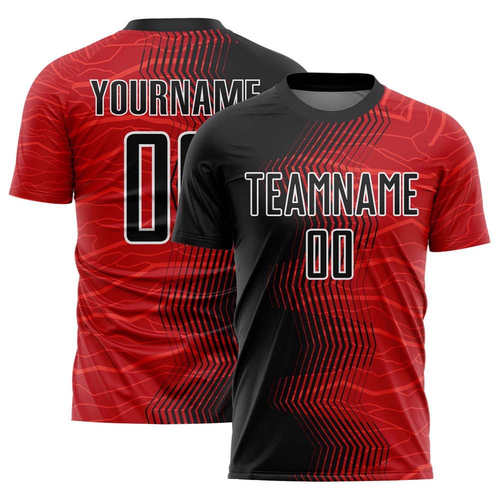 Red Black White Gradient Arrow Sublimation Soccer Uniform Jersey, Custom Team Soccer Jersey Shirt