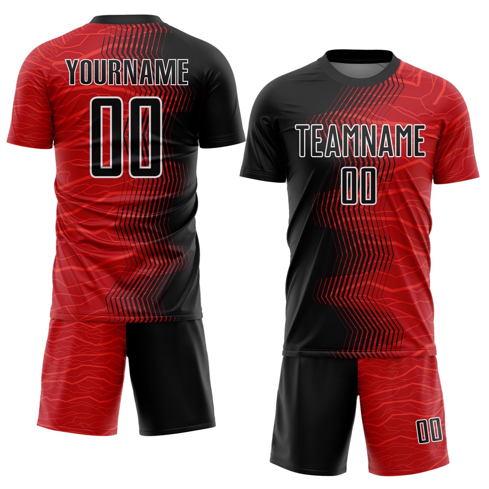 Red Black White Gradient Arrow Sublimation Soccer Uniform Jersey, Custom Team Soccer Jersey Shirt