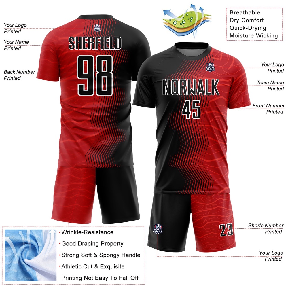 Red Black White Gradient Arrow Sublimation Soccer Uniform Jersey, Custom Team Soccer Jersey Shirt