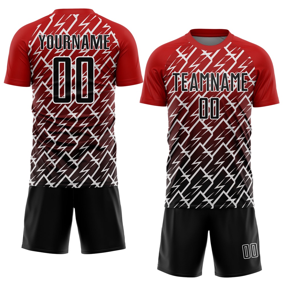 Red Black White Lightning Sublimation Soccer Uniform Jersey, Custom Team Soccer Jersey Shirt