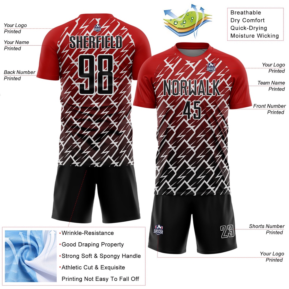 Red Black White Lightning Sublimation Soccer Uniform Jersey, Custom Team Soccer Jersey Shirt