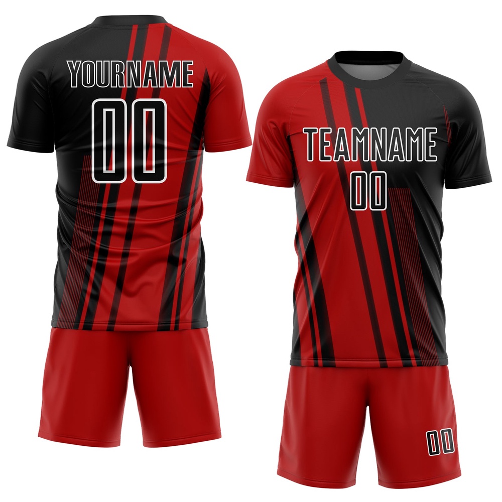 Red Black White Lines Sublimation Soccer Uniform Jersey, Custom Team Soccer Jersey Shirt