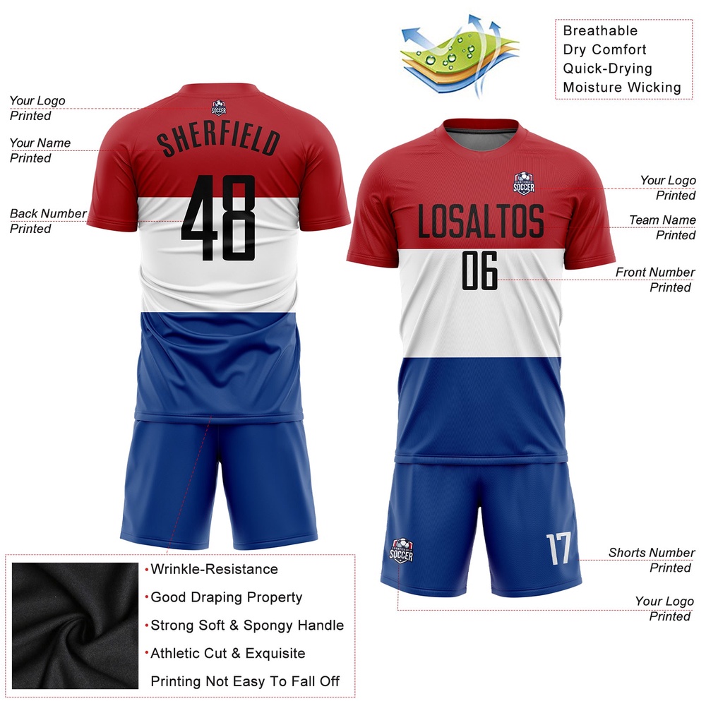 Red Black White Royal Sublimation Dutch Flag Soccer Uniform Jersey, Custom Team Soccer Jersey Shirt