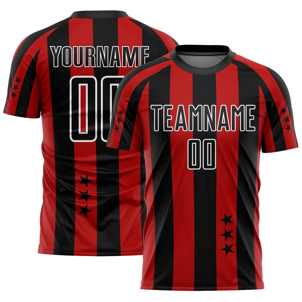 Red Black White Stars And Squares Sublimation Soccer Uniform Jersey, Custom Team Soccer Jersey Shirt