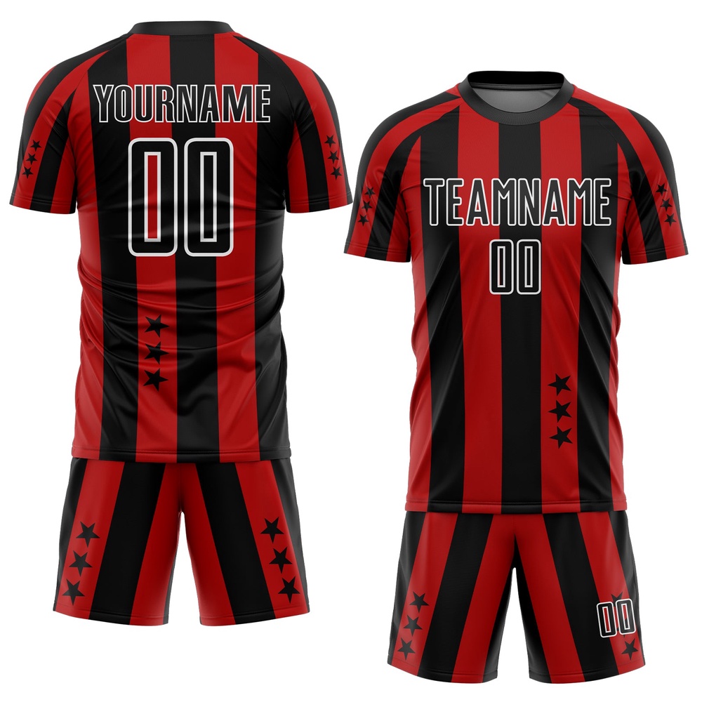 Red Black White Stars And Squares Sublimation Soccer Uniform Jersey, Custom Team Soccer Jersey Shirt