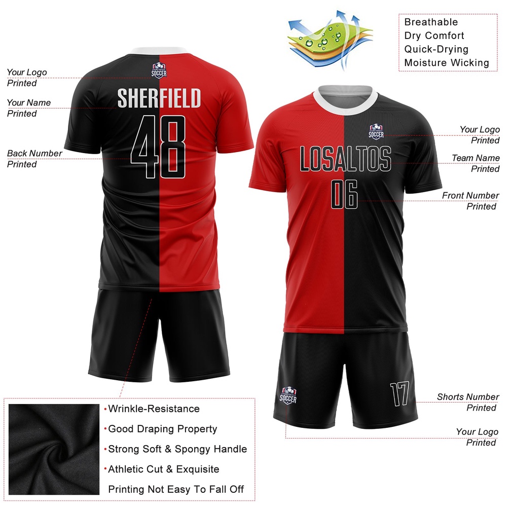 Red Black White Sublimation Split Fashion Soccer Uniform Jersey, Custom Team Soccer Jersey Shirt