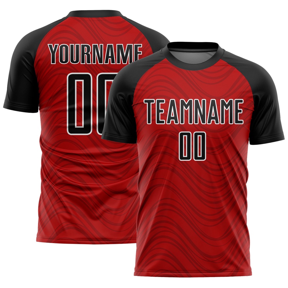 Red Black White Wavy Lines Sublimation Soccer Uniform Jersey, Custom Team Soccer Jersey Shirt