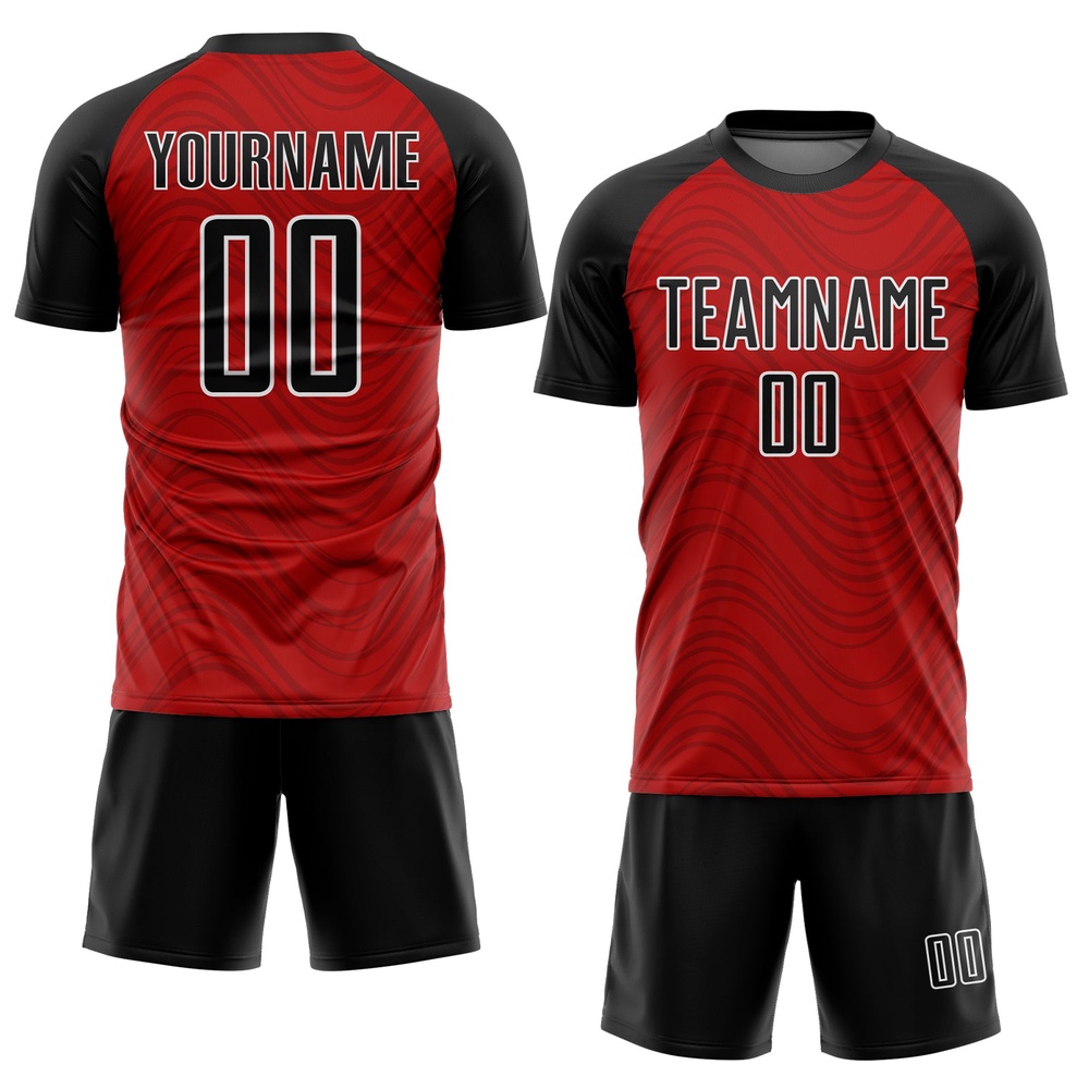 Red Black White Wavy Lines Sublimation Soccer Uniform Jersey, Custom Team Soccer Jersey Shirt