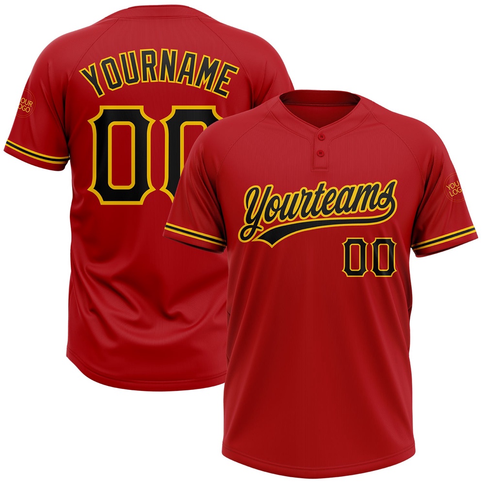 Red Black Yellow Two Button Unisex Softball Jersey, Custom Team Softball Jersey