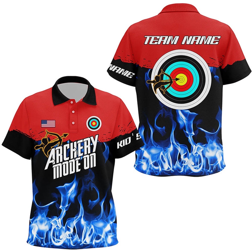 Red Blue Flame Archery Mode On Polo Shirts Custom Archery Team Shirts, Custom Archery Team Polo Shirt