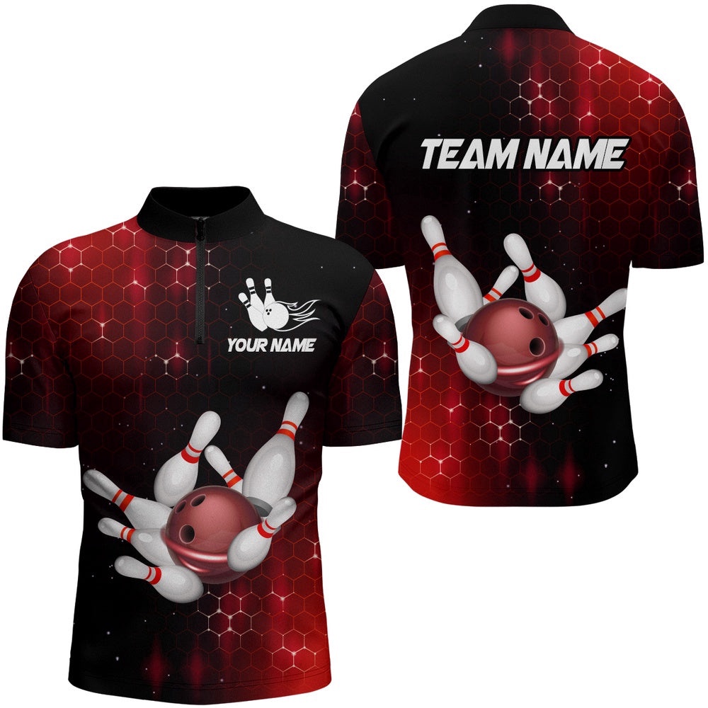 Red Bowling Shirts Men Women Bowling Team Jersey Bowling Zip Shirt, Custom Bowling Team Jersey Shirt