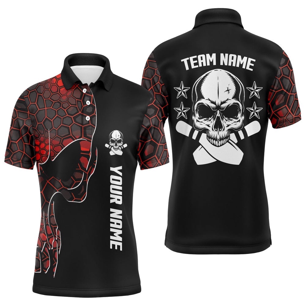 Red Camo Black Bowling Polo Shirts For Men Custom Team Name Skull Bowling, Team Bowling Shirts, Personalized Bowling Team Shirt