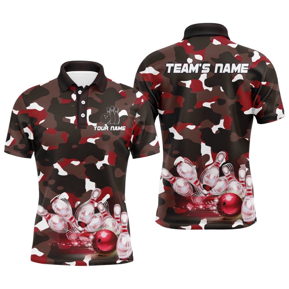 Red Camo Bowling Shirts For Men Custom Bowling Polo Shirt Team Bowling Polo Shirt, Personalized Bowling Team Shirt
