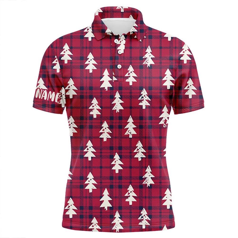 Red Checker Plaid Christmas Tree Men’s Golf Polo Shirt Rustic Vintage Golf Shirts For Men, Golf Polo Shirt, Golf Shirts