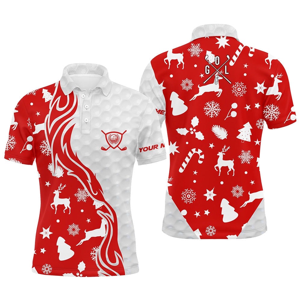 Red Christmas Pattern Golf Ball Men Golf Polo Shirts Custom Men’s Christmas Golf Shirt Golf Clubs, Golf Polo Shirt, Golf Shirts