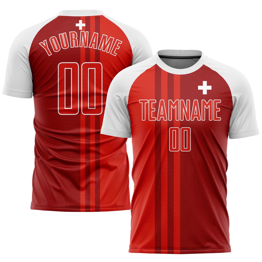 Red Crimson White Sublimation Swiss Flag Soccer Uniform Jersey, Custom Team Soccer Jersey Shirt