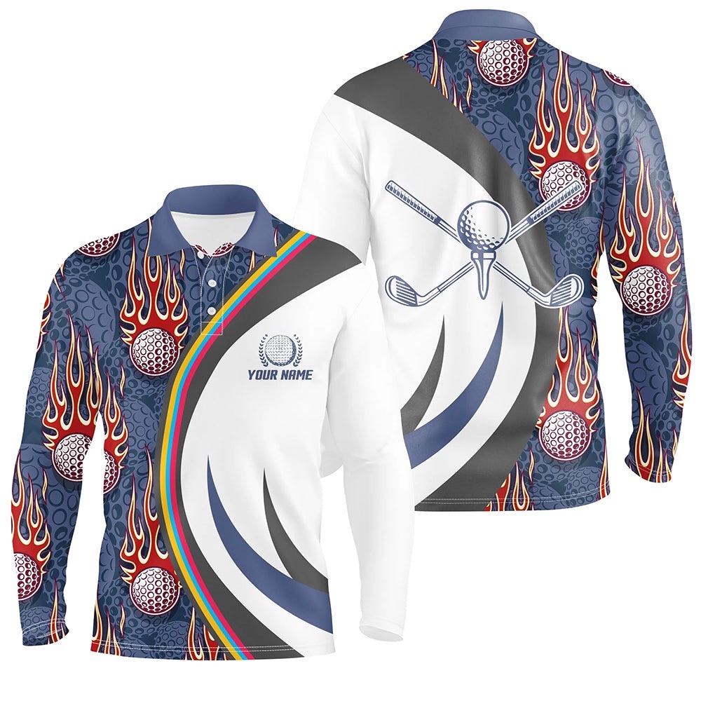 Red Flame Golf Ball Men’s Polo Shirts Blue Custom Name Golf Shirts For Men, Best Golf Gifts, Golf Polo Shirt, Golf Shirts