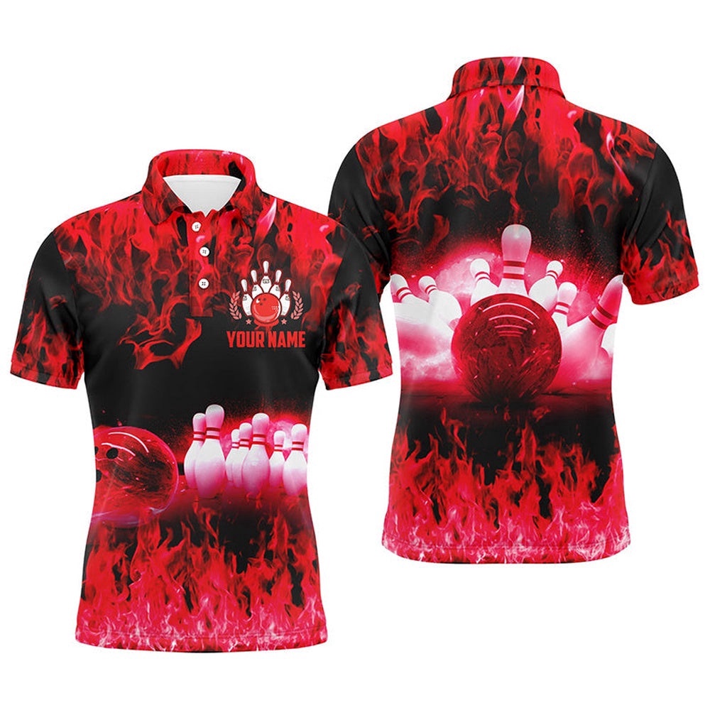 Red Flame Mens Polo Bowling Shirts, Men’s Bowling Polo Shirt, Bowling Team Polo Shirt, Personalized Bowling Team Shirt