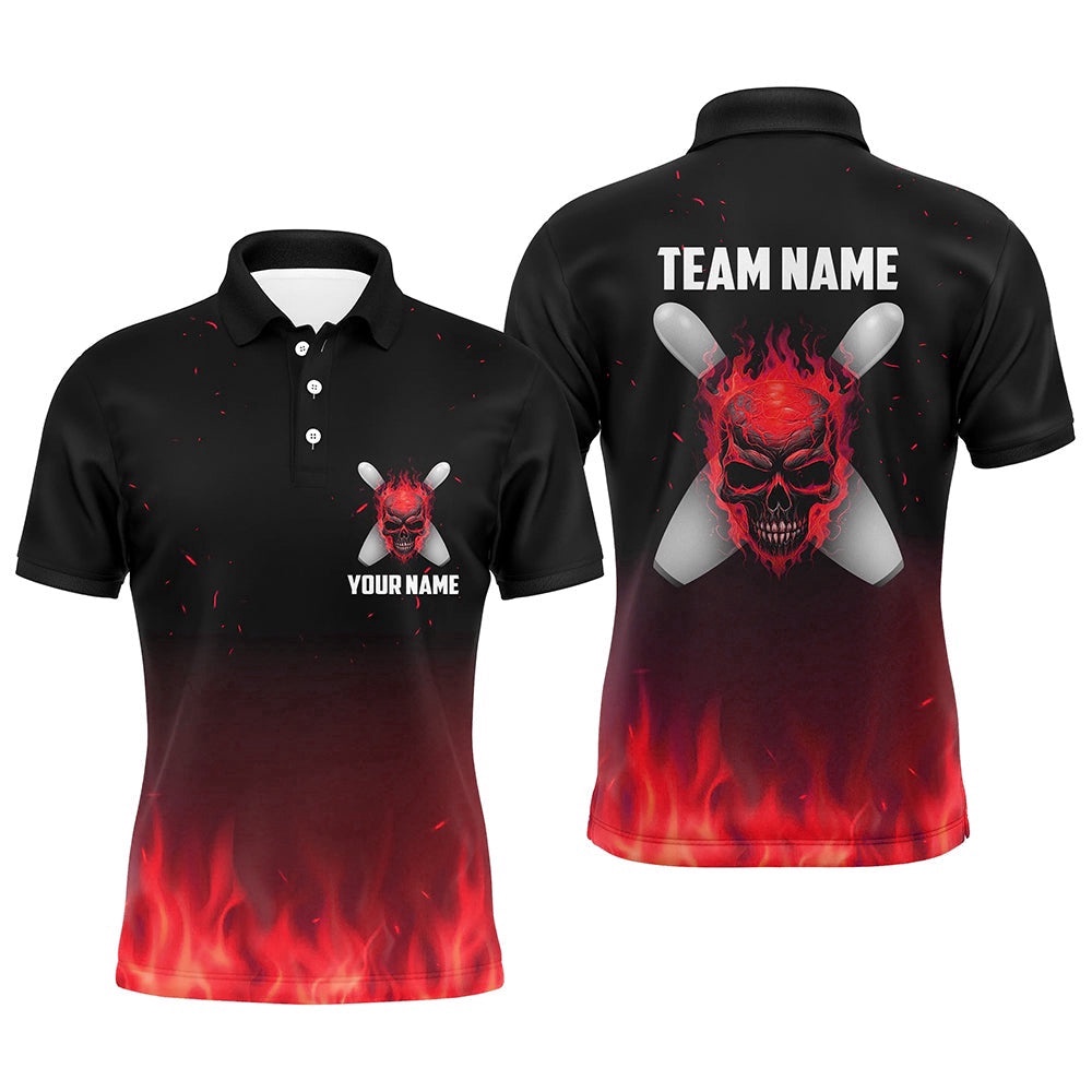 Red Flame Skull Bowling Polo Shirts Men Team Bowling Polo Shirt Halloween Outfits, Personalized Bowling Team Shirt