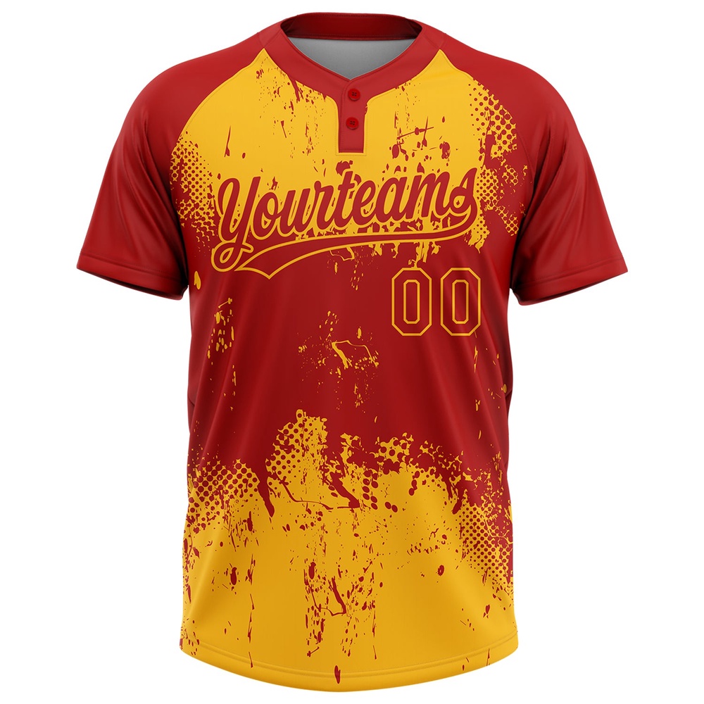 Red Gold 3D Pattern Abstract Splatter Grunge Art Two Button Unisex Softball Jersey, Custom Team Softball Jersey