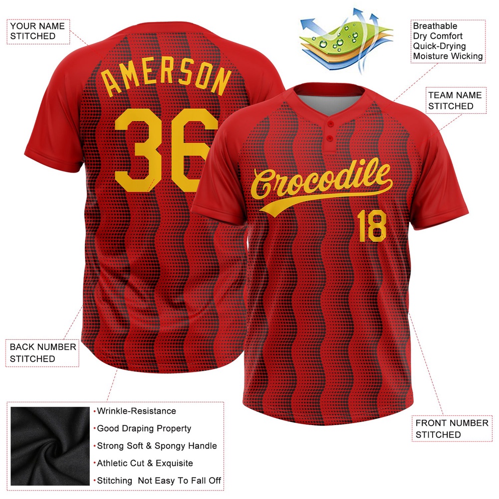 Red Gold Black 3D Pattern Two Button Unisex Softball Jersey, Custom Team Softball Jersey
