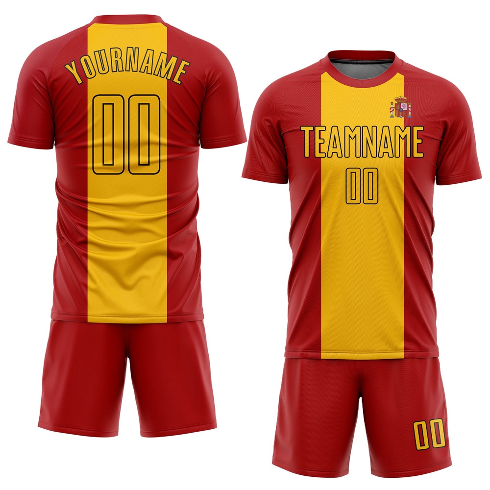 Red Gold Black Sublimation Spanish Flag Soccer Uniform Jersey, Custom Team Soccer Jersey Shirt