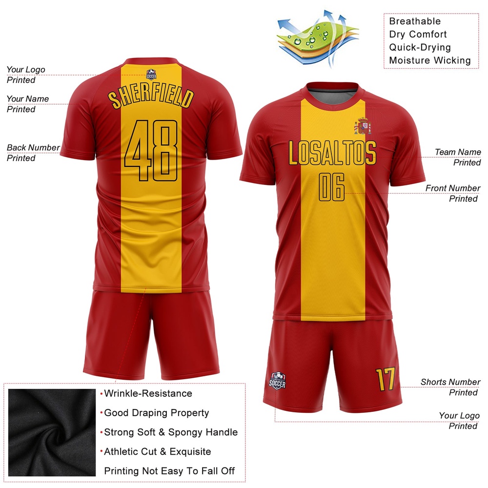 Red Gold Black Sublimation Spanish Flag Soccer Uniform Jersey, Custom Team Soccer Jersey Shirt