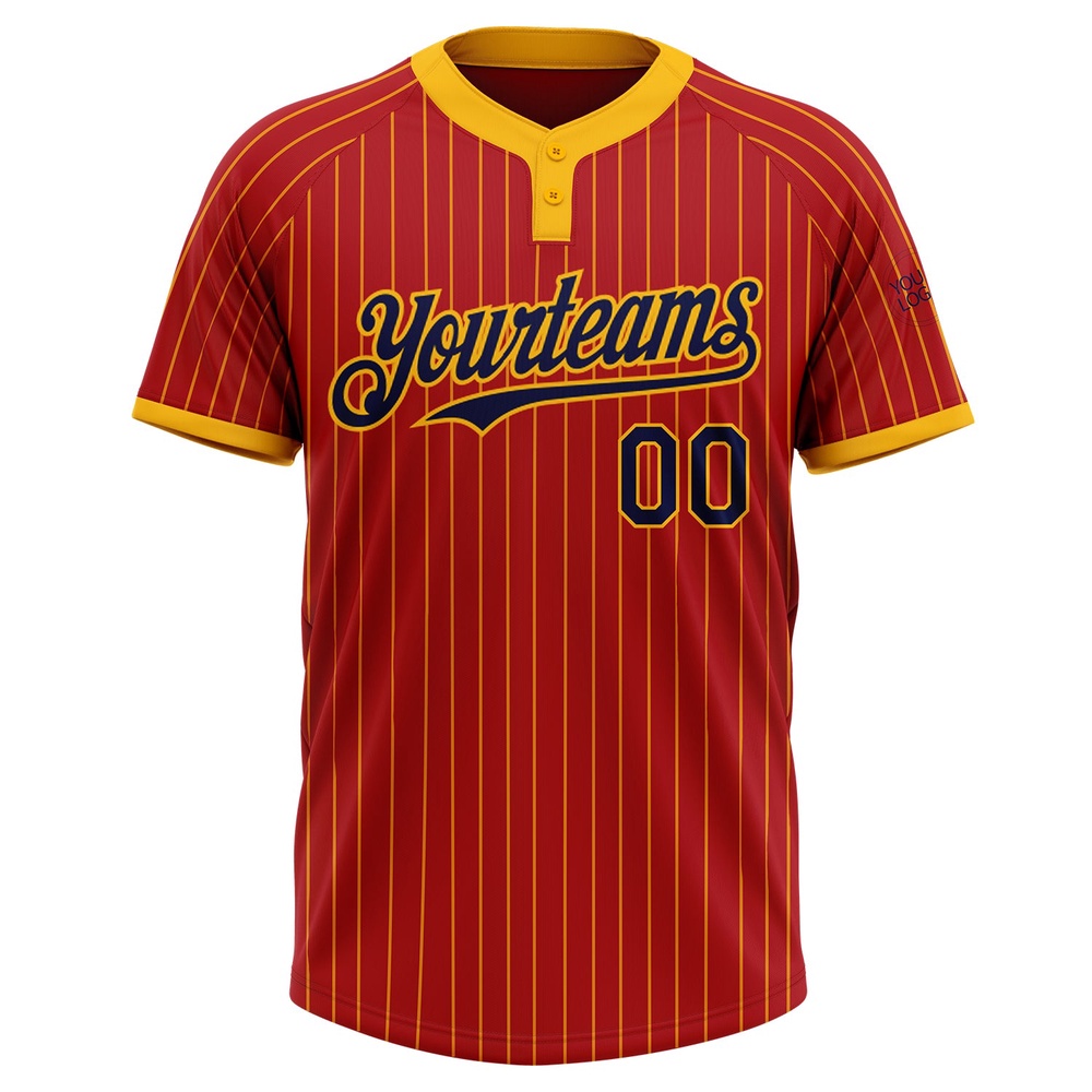 Red Gold Pinstripe Navy Two Button Unisex Softball Jersey, Custom Team Softball Jersey