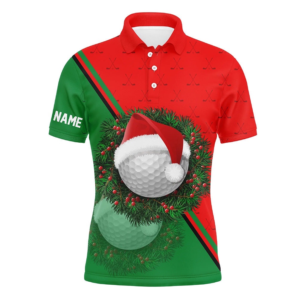 Red Green Santa Golf Ball Christmas Golf Men’s Polo Shirt Custom Men Golf Tops Xmas Golf Gifts, Golf Polo Shirt, Golf Shirts