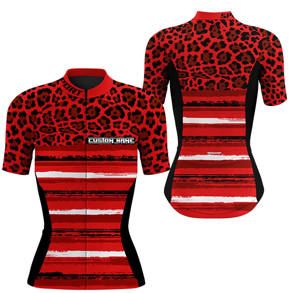Red Leopard Cycling Jersey Women Short Sleeve Bike Clothing Full Zipper Biking Tops With 3 Pockets, Custom Mono Cycling Jersey