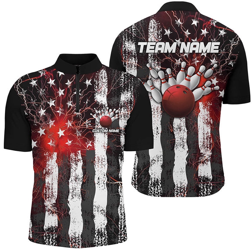 Red Lightning American Flag Unisex Bowling Team Jersey, Patriotic Bowling Team Shirts, Custom Bowling Team Jersey Shirt