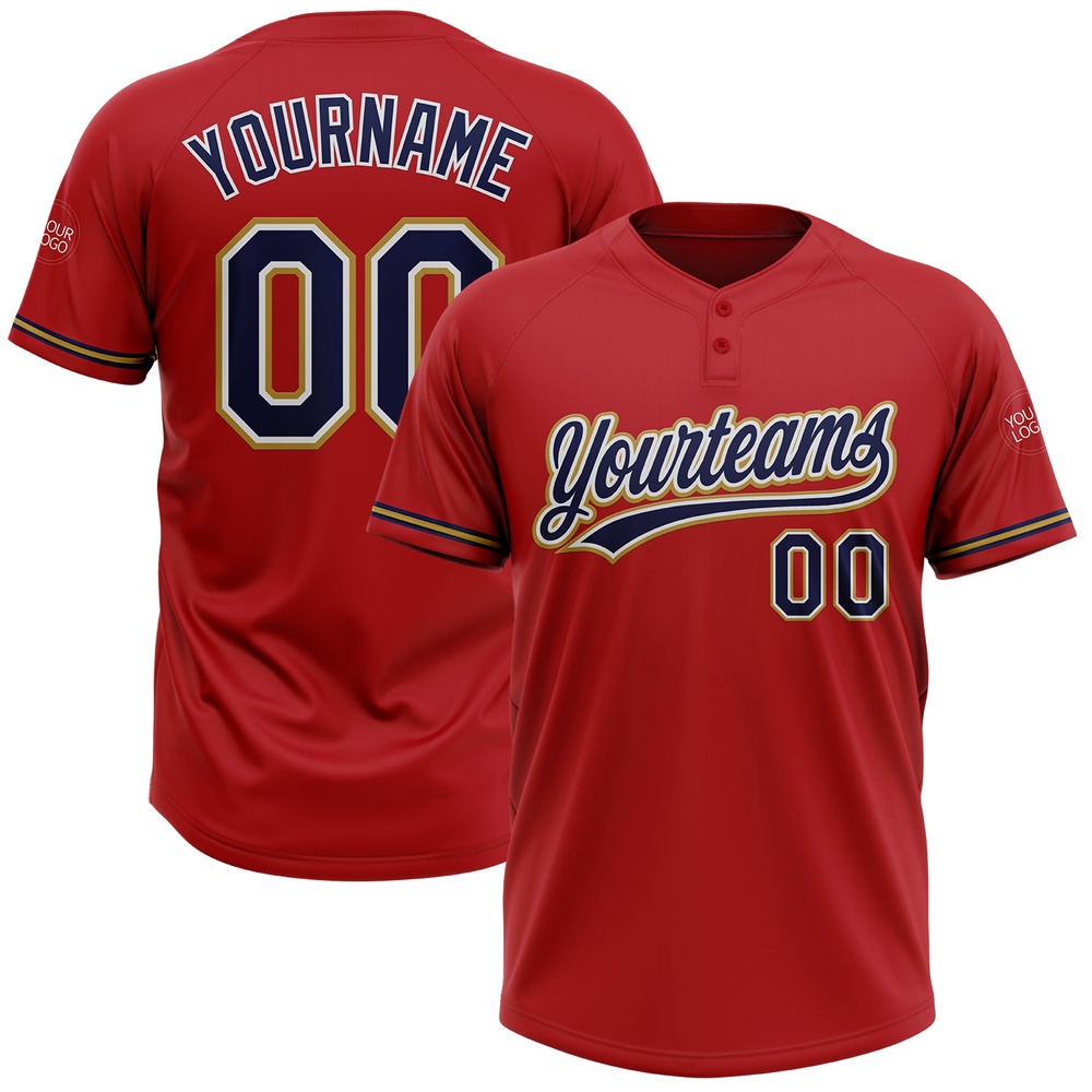 Red Navy Old Gold Two Button Unisex Softball Jersey, Custom Team Softball Jersey
