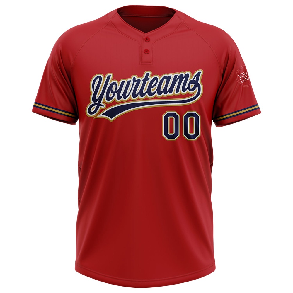 Red Navy Old Gold Two Button Unisex Softball Jersey, Custom Team Softball Jersey
