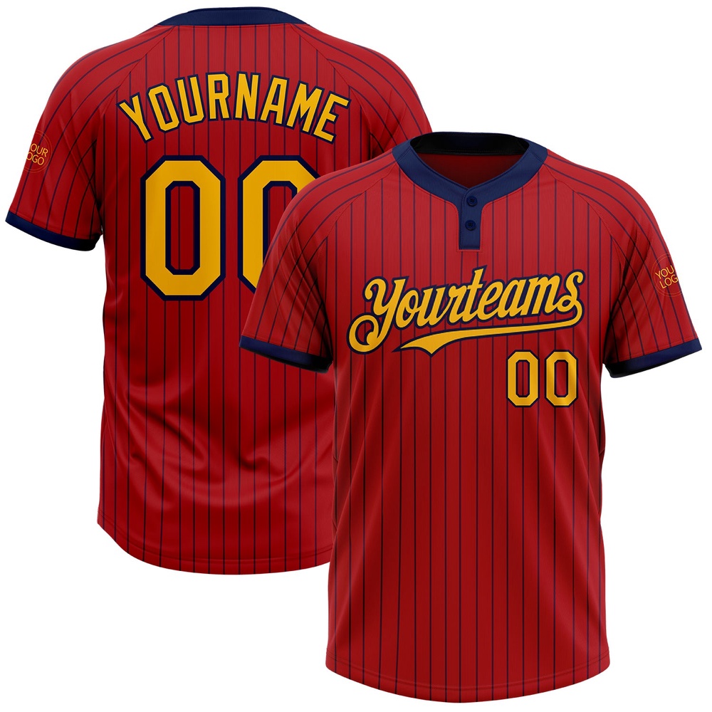 Red Navy Pinstripe Gold Two Button Unisex Softball Jersey, Custom Team Softball Jersey