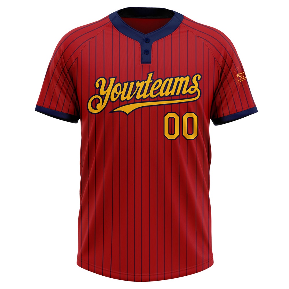 Red Navy Pinstripe Gold Two Button Unisex Softball Jersey, Custom Team Softball Jersey